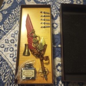 Steampunk Red Feather Quill Pen Set